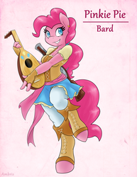 Size: 2550x3300 | Tagged: safe, artist:ambris, pinkie pie, earth pony, anthro, unguligrade anthro, adventuring is magic, g4, bard, bard pie, blunderbuss, clothes, colored pupils, female, gun, high res, lute, multiple variants, musical instrument, raised leg, smiling, solo, weapon