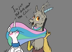 Size: 1448x1036 | Tagged: safe, artist:greyscaleart, discord, princess celestia, g4, blushing, clothes, cute, cutelestia, discord being discord, discute, scarf, scrunchy face, this will end in petrification