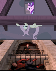 Size: 858x1091 | Tagged: safe, edit, screencap, fluttershy, starlight glimmer, human, pegasus, pony, unicorn, g4, the cutie map, comparison, equal cutie mark, female, irl, irl human, male, mare, movie, movie reference, norman osborn, peter parker, photo, s5 starlight, spider-man, tobey maguire, wall climbing, willem dafoe