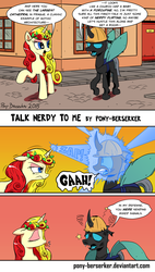 Size: 1024x1799 | Tagged: safe, artist:pony-berserker, oc, oc only, oc:berzie, oc:miss libussa, changeling, pony, unicorn, angry, changeling oc, comic, czech republic, czechia, duo, female, hard hat, hat, i can't believe it's not idw, leaves, magic beam, magic blast, male, mare, ponysona, prague, raspberry, red background, simple background, tongue out, tourist, yellow background