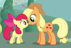 Size: 970x656 | Tagged: safe, screencap, apple bloom, applejack, earth pony, pony, g4, ponyville confidential, cute, sisters