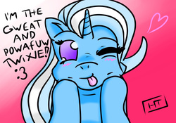 Size: 1280x895 | Tagged: safe, artist:hansboyardee, trixie, pony, unicorn, g4, blushing, female, heart, mare, solo, tongue out, wink