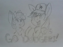 Size: 1280x960 | Tagged: safe, artist:notenoughapples, apple bloom, applejack, g4, dodgers, los angeles dodgers, monochrome, traditional art