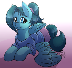 Size: 1280x1203 | Tagged: safe, artist:sugaryviolet, oc, oc only, oc:cumulonimbus, pegasus, pony, clothes, cute, looking at you, prone, shirt, shorts, smiling, solo, spread wings