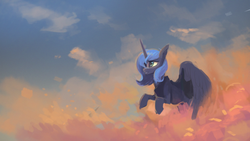 Size: 1280x720 | Tagged: dead source, safe, artist:hierozaki, princess luna, g4, cloud, cloudy, female, flying, solo