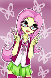 Size: 900x1364 | Tagged: safe, artist:nekojackun, fluttershy, equestria girls, g4, my little pony equestria girls: rainbow rocks, clothes, cute, female, glasses, looking at you, miniskirt, peace, peace sign, skirt, socks, solo, stockings, thigh highs, thigh socks