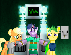 Size: 2160x1669 | Tagged: safe, artist:spellboundcanvas, applejack, twilight sparkle, earth pony, pony, unicorn, fanfic:asylum, g4, asylum, clothes, electricity, electroshock, fanfic art, horn, horn cap, hospital gown, magic suppression, orderly, story included, straps