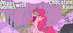 Size: 1276x577 | Tagged: safe, screencap, pinkie pie, earth pony, pony, g4, chaos, chocolate rain, cloud, cotton candy, cotton candy cloud, discorded landscape, eyes closed, female, food, image macro, mare, meme, open mouth, purple sky, text, tongue out