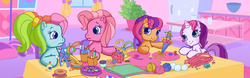 Size: 1396x435 | Tagged: safe, screencap, pinkie pie (g3), rainbow dash (g3), scootaloo (g3), sweetie belle (g3), g3, g3.5, twinkle wish adventure, blushing, g3 panorama, ornament, panorama, stuffy stuff, table