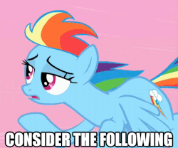 Size: 564x470 | Tagged: safe, screencap, rainbow dash, g4, animated, bill nye the science guy, consider the following, female, flying, image macro, meme, solo, text