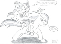Size: 2320x1678 | Tagged: safe, artist:shaunc, rainbow dash, pegasus, anthro, g4, crossover, female, monochrome, pencil drawing, riding, sega, simple background, sketch, sonic boom, sonic the hedgehog (series), speech bubble, sticks the badger, traditional art, video game