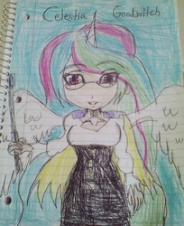 Size: 1564x1920 | Tagged: safe, artist:rwbyrebirthfantasy, princess celestia, hybrid, equestria girls, g4, breasts, crossover, female, fusion, glasses, glynda goodwitch, horn, horned humanization, humanized, lined paper, riding crop, rooster teeth, rwby, solo, teacher, traditional art, winged humanization, wings
