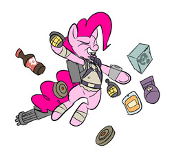Size: 633x566 | Tagged: safe, artist:metal-kitty, pinkie pie, g4, crossover, fallout, fallout 3, female, frag grenade, frag mine, grenade, landmine, mine, mini nuke, minigun, radaway, soda, solo, this will end in explosions