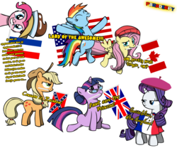 Size: 900x750 | Tagged: safe, artist:slitherpon, applejack, chancellor puddinghead, fluttershy, pinkie pie, rainbow dash, rarity, twilight sparkle, earth pony, pegasus, pony, unicorn, applejack's hat, beret, canada, confederate flag, cowboy hat, dreamworks face, dutch, eh, eyes closed, female, flag, france, french, glasses, hat, implied lauren faust, in which pinkie pie forgets how to gravity, mane six, mare, mouth hold, netherlands, pinkie being pinkie, pinkie physics, simple background, sitting, text, transparent background, unicorn twilight, united kingdom, united states