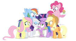 Size: 1340x720 | Tagged: safe, artist:dm29, applejack, fluttershy, pinkie pie, rainbow dash, rarity, spike, twilight sparkle, g4, appreciation, cap, cupcake, female, hat, hug, kissing, male, mane seven, mane six, ribbon, ship:sparity, shipping, simple background, spike gets all the mares, spikelove, straight, transparent background, wonderbolts logo