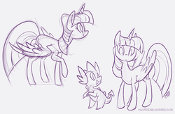 Size: 900x583 | Tagged: safe, artist:egophiliac, spike, twilight sparkle, alicorn, pony, g4, female, mare, monochrome, sketch, twilight sparkle (alicorn)