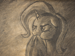 Size: 900x675 | Tagged: safe, artist:inkygarden, trixie, pony, unicorn, g4, charcoal (medium), female, hat, mare, monochrome, munching, sketch, solo, traditional art