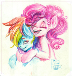 Size: 600x631 | Tagged: safe, artist:arainmorn, pinkie pie, rainbow dash, g4, colored pencil drawing, cute, female, hug, lesbian, ship:pinkiedash, shipping, traditional art