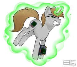 Size: 1294x1122 | Tagged: safe, artist:8bitamy, oc, oc only, oc:littlepip, pony, unicorn, fallout equestria, faic, fanfic, fanfic art, female, freckles, glowing horn, hooves, horn, levitation, magic, mare, pipboy, pipbuck, self-levitation, simple background, solo, sweat, teeth, telekinesis, white background