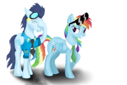 Size: 1024x682 | Tagged: safe, artist:startoucher, rainbow dash, soarin', pony, g4, clothes, facehoof, female, male, necktie, rainbow dash always dresses in style, ship:soarindash, shipping, straight, sunglasses, wonderbolts dress uniform