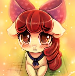 Size: 492x500 | Tagged: safe, artist:lumineko, apple bloom, earth pony, pony, adorabloom, blushing, crying, cute, female, filly, floppy ears, hnnng, looking at you, prone, sad, sadorable, signature, solo, woobie