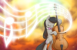 Size: 1280x828 | Tagged: safe, artist:sycotei-b, octavia melody, g4, cello, eyes closed, female, music notes, musical instrument, solo