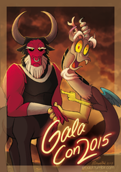 Size: 540x763 | Tagged: safe, artist:elbdot, discord, lord tirek, centaur, draconequus, galacon, galacon 2015, g4, 2015, cute, discute, disney, duo, duo male, male, mulan, pointing, unamused