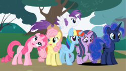 Size: 1920x1080 | Tagged: safe, artist:nightsilverchelly, applejack, fluttershy, pinkie pie, princess luna, rainbow dash, rarity, twilight sparkle, alicorn, earth pony, pegasus, pony, unicorn, g4, alicornified, alternate hairstyle, ethereal mane, everyone is an alicorn, female, mane six, mane swap, mare, one of these things is not like the others, palette swap, race swap, starry mane, tree, wat