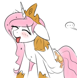 Size: 871x887 | Tagged: safe, artist:sugarlesspaints, princess celestia, pony, g4, ..., 30 minute art challenge, behaving like a dog, blushing, cewestia, chest fluff, crown, cute, ear scratch, eyes closed, female, filly, floppy ears, horseshoes, jewelry, offscreen character, open mouth, pink-mane celestia, regalia, scratching, simple background, solo, tongue out, underhoof, white background