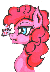 Size: 800x1153 | Tagged: safe, artist:rozzy3, pinkie pie, butterfly, g4, bust, female, portrait, solo, tongue out, traditional art