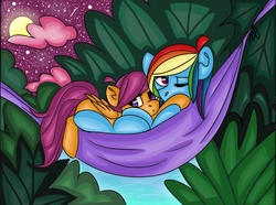 Size: 1024x760 | Tagged: safe, artist:dolphininspace, rainbow dash, scootaloo, pegasus, pony, g4, bush, hammock, one eye closed, pink cloud, stars, water