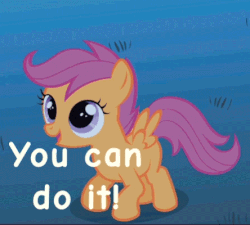 Size: 444x400 | Tagged: safe, edit, edited screencap, screencap, scootaloo, pegasus, pony, g4, owl's well that ends well, animated, blank flank, comic sans, cute, cutealoo, do the thing, encouragement, encouraging, female, filly, gif, jumping, motivational, positive ponies, pronking, solo, spread wings, text, who's awesome? you're awesome, wings