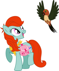 Size: 2290x2762 | Tagged: safe, artist:kaylathehedgehog, bright eyes, bird, earth pony, green-winged songbird, pony, g1, g4, my little pony tales, female, g1 to g4, generation leap, high res, mare, older, saddle bag, simple background, transparent background