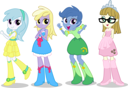 Size: 1318x912 | Tagged: safe, artist:punzil504, archer (character), cotton cloudy, dinky hooves, scootablue, zippoorwhill, equestria girls, g4, clothes, dress, equestria girls-ified, female, simple background, sleeveless, transparent background, vector