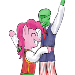 Size: 1000x1000 | Tagged: safe, artist:unsavorydom, pinkie pie, oc, oc:anon, human, g4, clothes, costume, polka, smiling