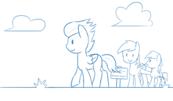 Size: 1024x600 | Tagged: safe, artist:unsavorydom, derpy hooves, rumble, train tracks (g4), pegasus, pony, g4, female, fuck the police, japanese, mare, monochrome, parody