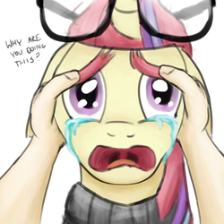 Size: 1000x1000 | Tagged: safe, artist:unsavorydom, moondancer, human, g4, crying, dialogue, eyebrows, hand, petting