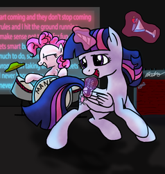 Size: 1080x1134 | Tagged: safe, artist:inkblu, pinkie pie, twilight sparkle, alicorn, earth pony, pony, g4, all star (song), drink, drums, eyes closed, female, folded wings, glowing, glowing horn, horn, karaoke, lyrics, magic, mare, multicolored mane, multicolored tail, musical instrument, open mouth, pink mane, purple eyes, singing, smash mouth, smiling, song reference, tail, telekinesis, text, twilight sparkle (alicorn), wings