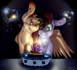 Size: 1280x1166 | Tagged: safe, artist:yungdissy, oc, oc only, oc:littlecatpony, oc:snowball, pegasus, pony, birthday, birthday cake, cake, candle, hug, winghug