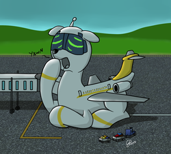 Size: 1280x1158 | Tagged: safe, artist:goldenpansy, oc, oc only, oc:mcponnel donut, original species, plane pony, pony, airport, dawn, dc-9, jetway, male, plane, sleepy, solo, tired