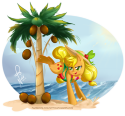 Size: 600x560 | Tagged: safe, artist:nekoi-echizen, applejack, earth pony, pony, g4, beach, bucking, clothes, coconut, coconut tree, female, mare, one-piece swimsuit, open-back swimsuit, palm tree, solo, swimsuit, tree, water