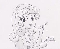 Size: 2679x2210 | Tagged: safe, artist:ponysubmarine, sweetie belle, equestria girls, g4, cake, cute, female, high res, humanized, monochrome, shading, solo, traditional art