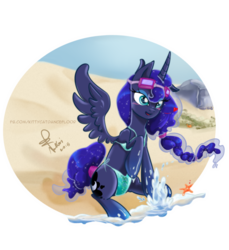 Size: 600x654 | Tagged: safe, artist:nekoi-echizen, princess luna, g4, beach, bikini, blushing, clothes, dive mask, female, goggles, sitting, solo, spread wings, swimming goggles, swimsuit, water