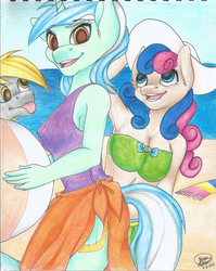 Size: 2536x3185 | Tagged: safe, artist:shinako-tan, bon bon, derpy hooves, lyra heartstrings, sweetie drops, earth pony, anthro, g4, armpits, beach, beach ball, bikini, clothes, high res, one-piece swimsuit, sarong, swimsuit, tongue out, towel, traditional art