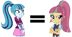 Size: 1950x1022 | Tagged: safe, sonata dusk, sour sweet, equestria girls, g4, my little pony equestria girls: friendship games, bowtie, comparison, looking at you, pendant, ponytail