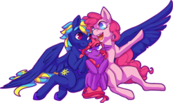 Size: 2726x1621 | Tagged: safe, artist:keekoi, pinkie pie, oc, oc:evening song, pegasus, pony, g4, canon x oc, female, lesbian, magical lesbian spawn, offspring, parent:oc:evening song, parent:pinkie pie, shipping