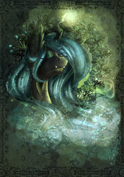 Size: 1200x1700 | Tagged: safe, artist:karmamoonshadow, queen chrysalis, changeling, changeling queen, g4, crown, eyes closed, female, jewelry, regalia, solo