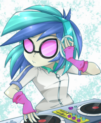 Size: 791x969 | Tagged: safe, artist:bansheekisara, artist:lunchie, dj pon-3, vinyl scratch, equestria girls, g4, my little pony equestria girls: rainbow rocks, abstract background, clothes, colored, eyebrows, eyebrows visible through hair, female, fingerless gloves, gloves, headphones, shine like rainbows, solo, sunglasses, turntable, zipper
