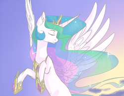 Size: 1262x978 | Tagged: safe, artist:nika-rain, princess celestia, alicorn, pony, g4, ear fluff, eyes closed, female, flying, mare, rearing, sky, solo, spread wings, sunrise, wings