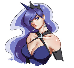 Size: 600x553 | Tagged: safe, artist:scarletdesires, princess luna, human, g4, bedroom eyes, breasts, busty princess luna, cleavage, clothes, dress, earring, evening gloves, female, gloves, horn, horned humanization, humanized, looking at you, piercing, smiling, solo